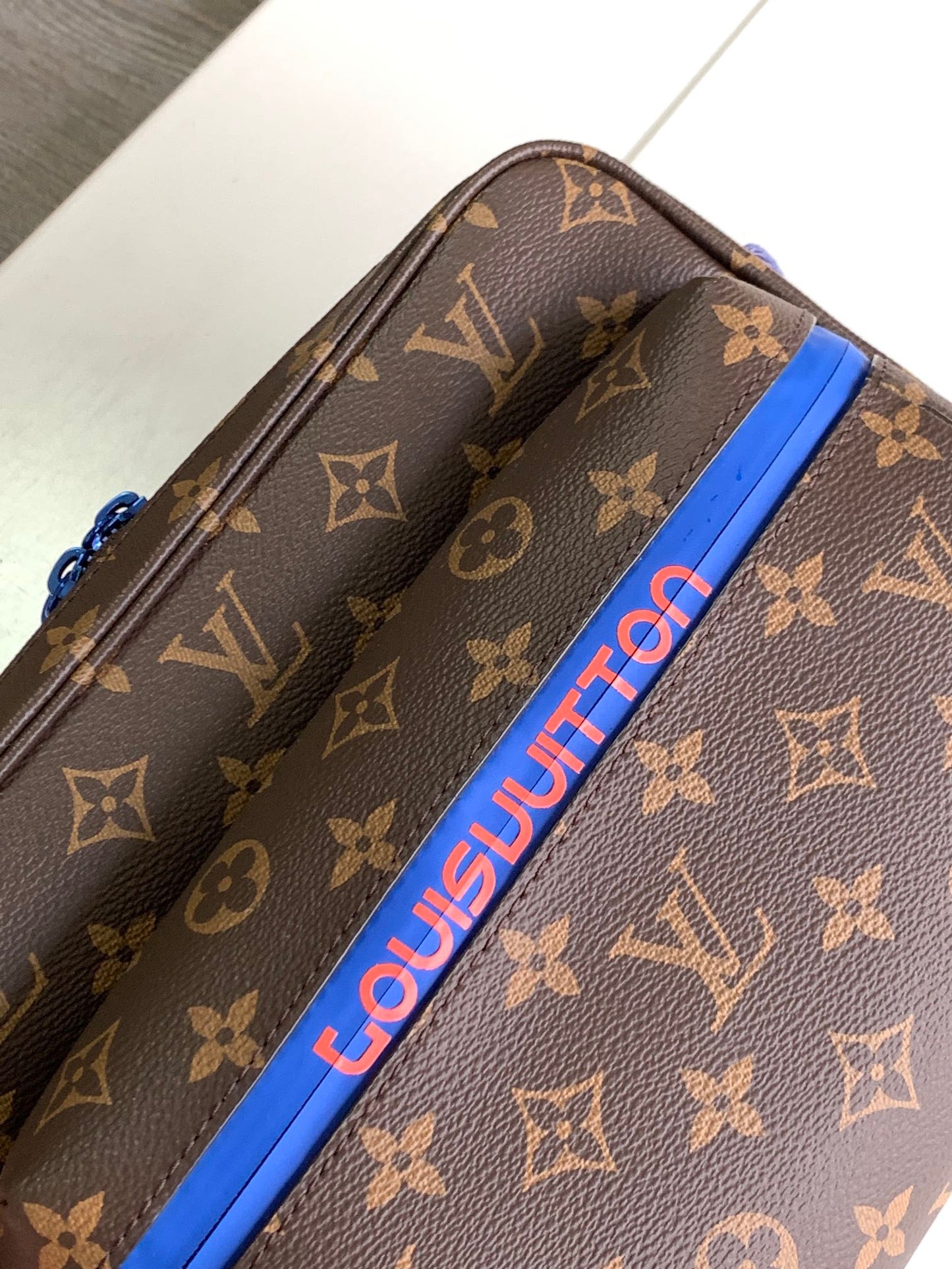 Louis Vuitton Brown Monogram Pattern Crossbody Messenger Bag with Blue Accent
