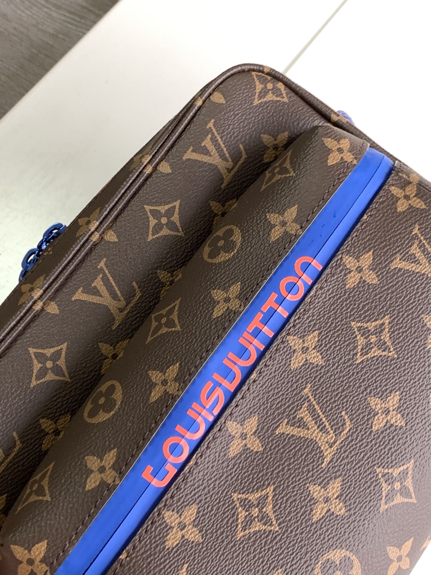 Louis Vuitton Brown Monogram Pattern Crossbody Messenger Bag with Blue Accent