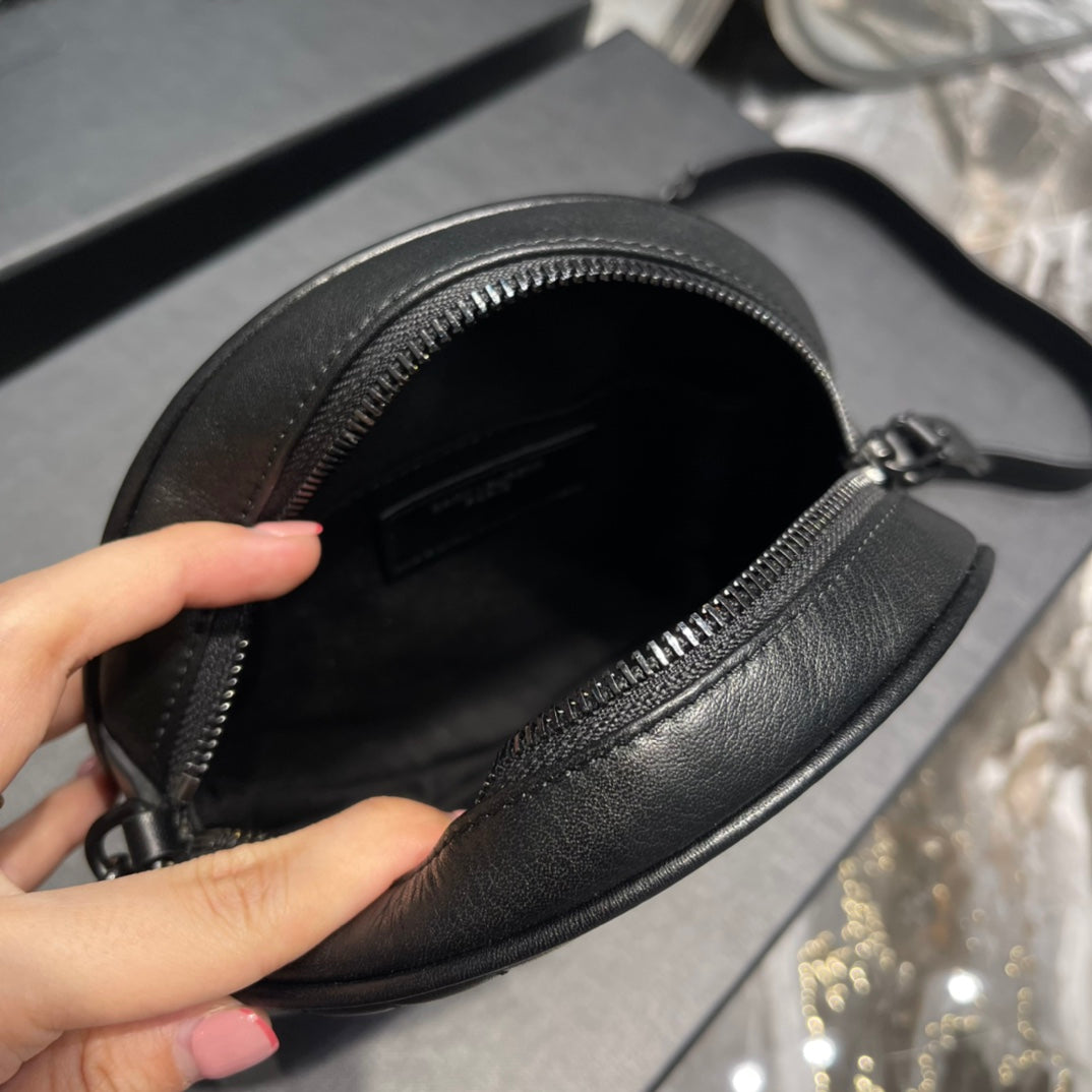 Saint Laurent Vinyle Round Camera Bag in Chevron-Quilted Leather - Black