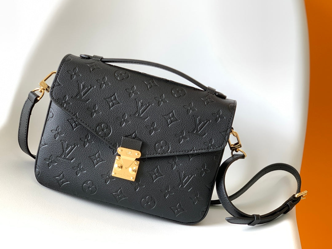 Louis Vuitton Black Embossed Leather Satchel Crossbody Handbag with Gold Clasp