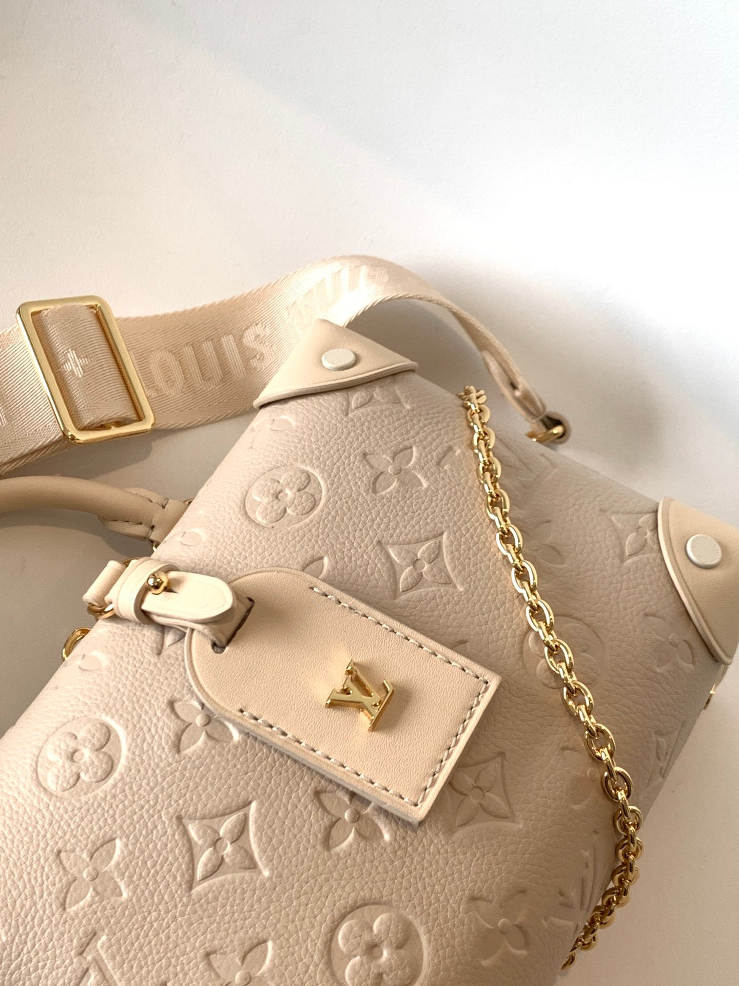 Louis Vuitton Beige Embossed Leather Trunk Bag with Wide Strap and Chain