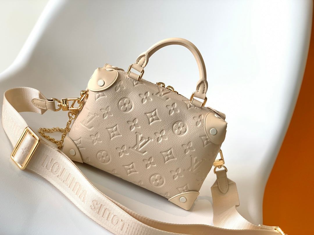 Louis Vuitton Beige Embossed Leather Trunk Bag with Wide Strap and Chain