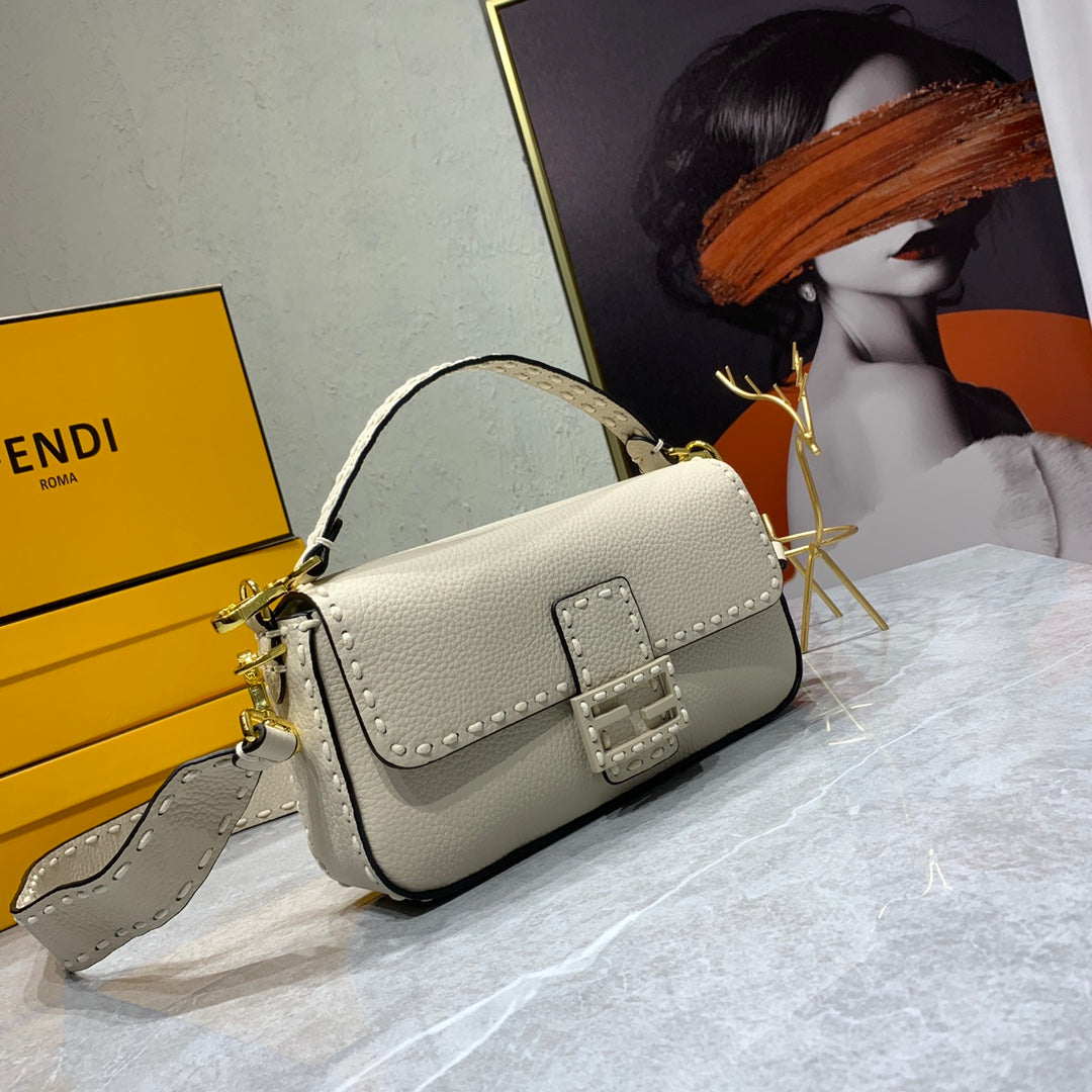 Fendi Baguette Selleria Leather Shoulder Bag in Cream with Studded Detail