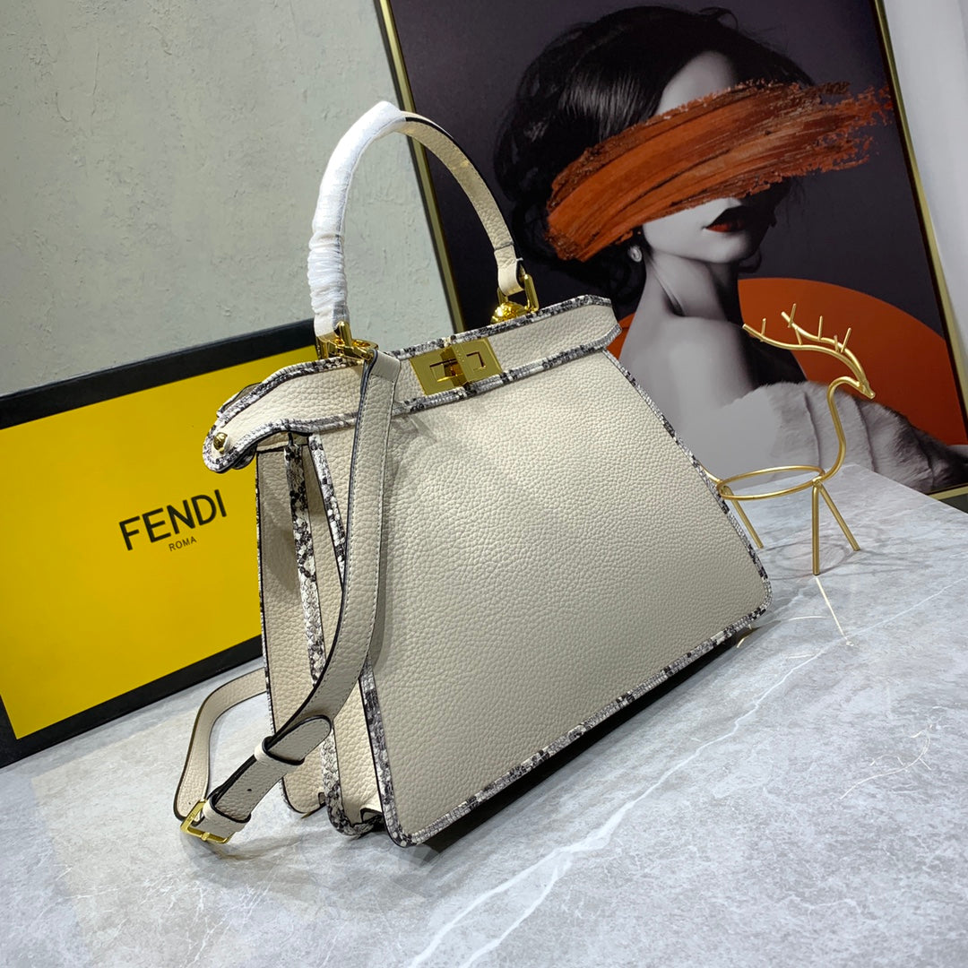 Fendi Peekaboo Medium Leather Handbag - Beige with FF Motif Trim