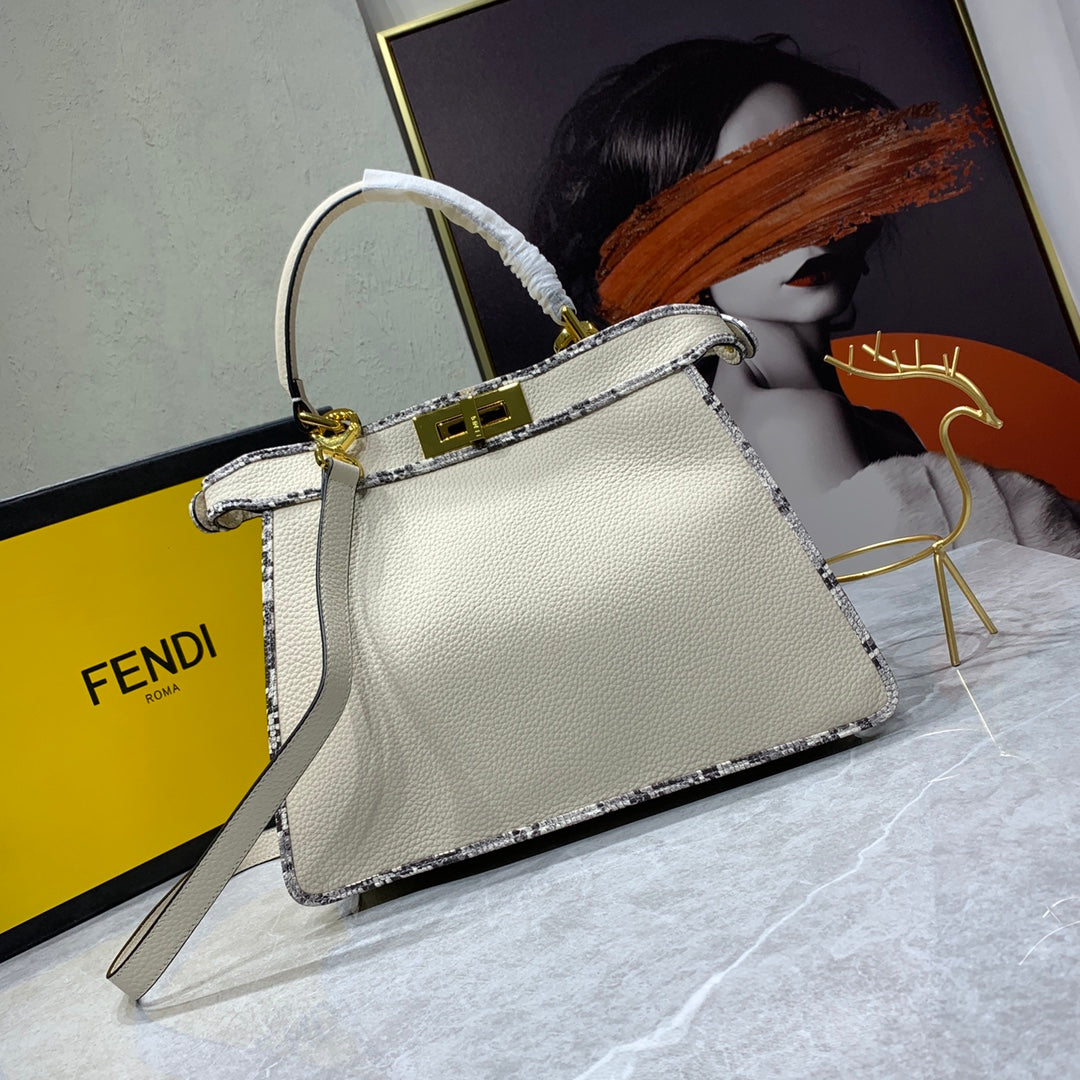 Fendi Peekaboo Medium Leather Handbag - Beige with FF Motif Trim