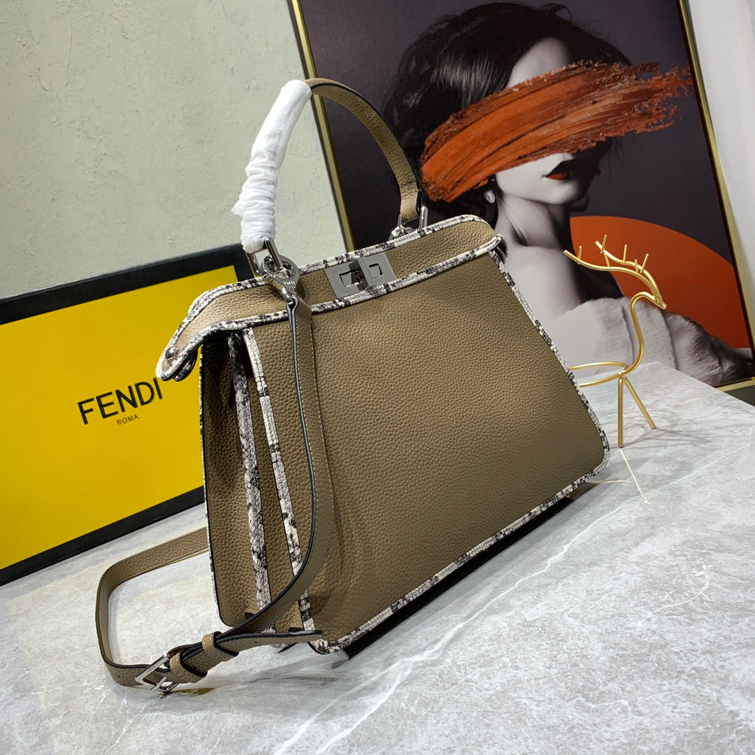 Fendi Peekaboo Leather Top Handle Bag - Taupe with FF Logo Trim