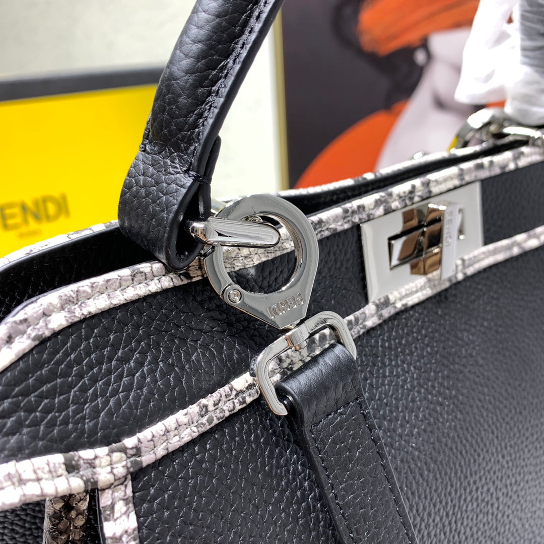 Fendi Peekaboo Medium Black Leather Handbag with Patterned Trim
