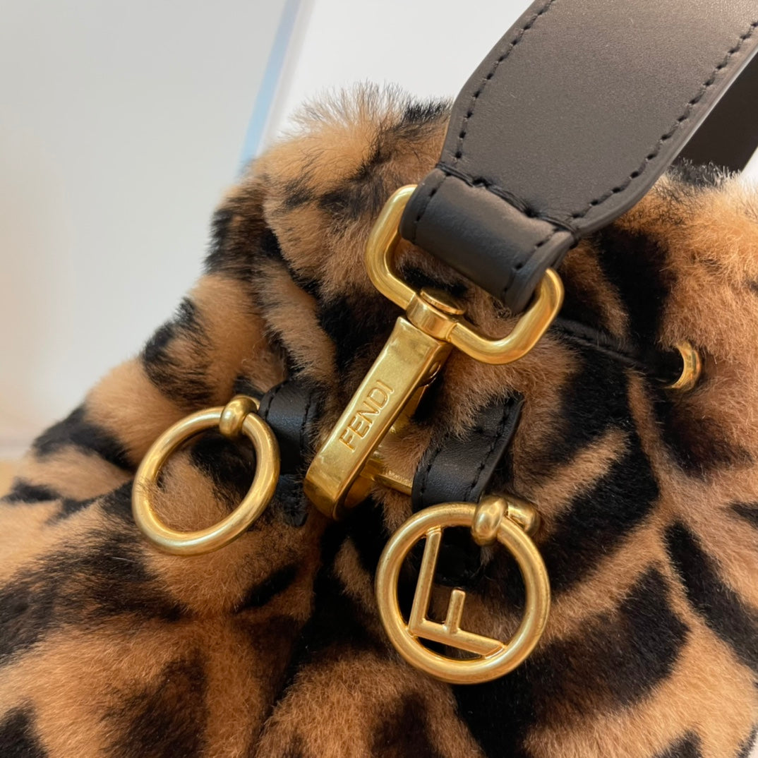 Faux Fur FF Logo Mini Bucket Bag with Top Handle and Drawstring