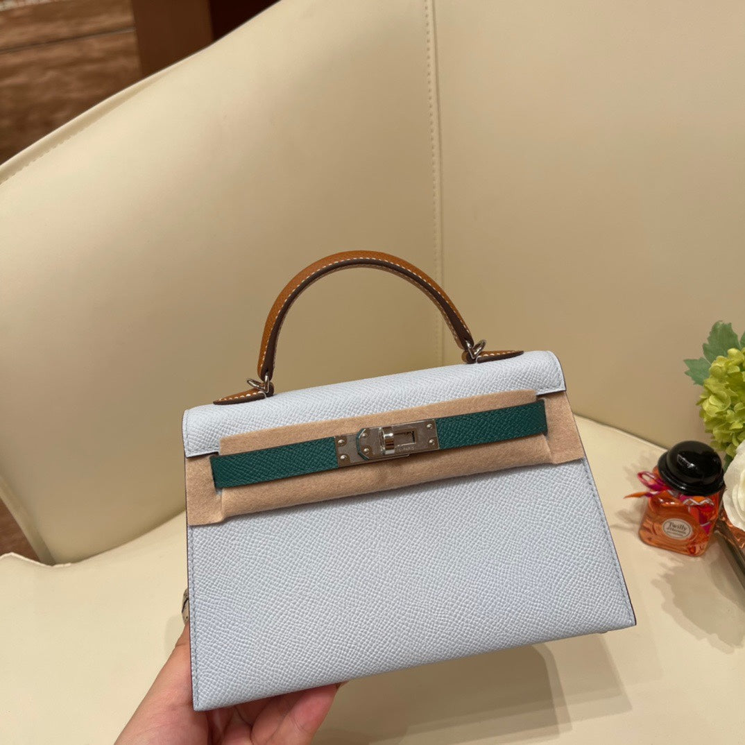 Elegant Color-Block Leather Top Handle Handbag - Pale Blue and Tan