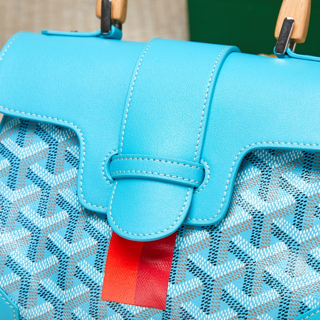 Gogy Blue Chevron Pattern Top Handle Crossbody Bag with Wood Handle