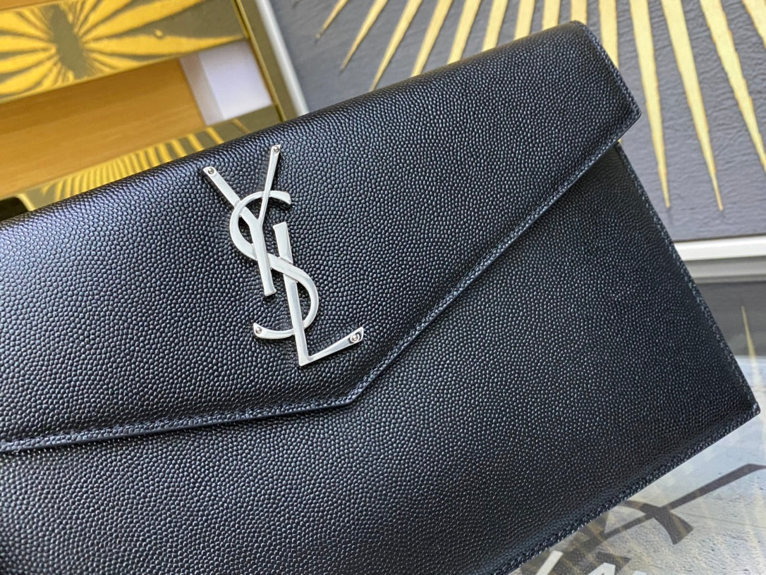 Saint Laurent Cassandre Black Leather Envelope Clutch Bag with Silver Hardware