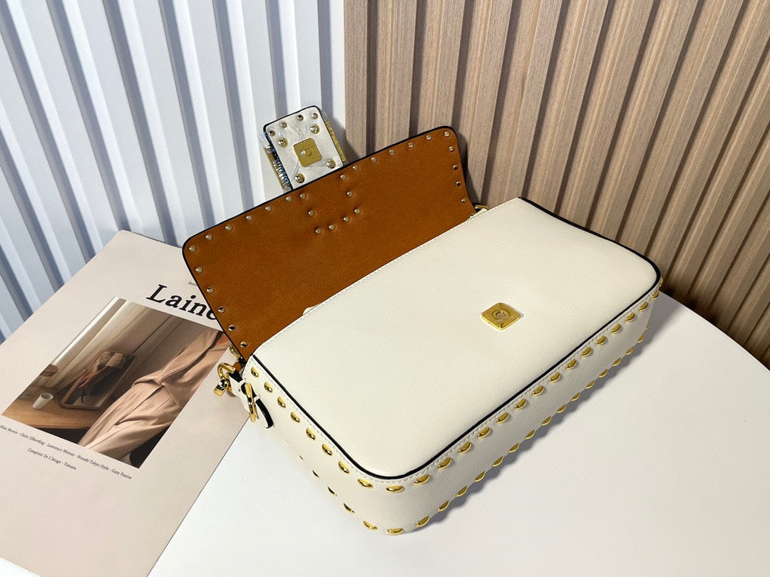 Luxury White Leather Shoulder Bag with Contrast Stitching and Gold Accents