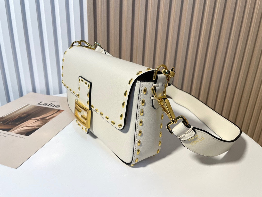 Luxury White Leather Shoulder Bag with Contrast Stitching and Gold Accents
