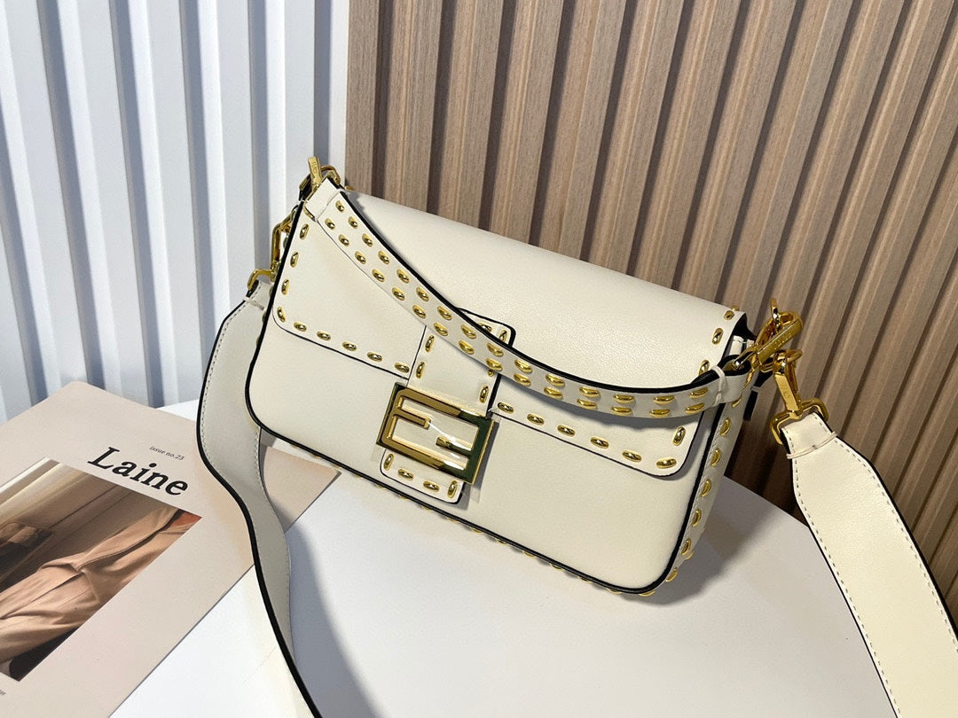 Luxury White Leather Shoulder Bag with Contrast Stitching and Gold Accents