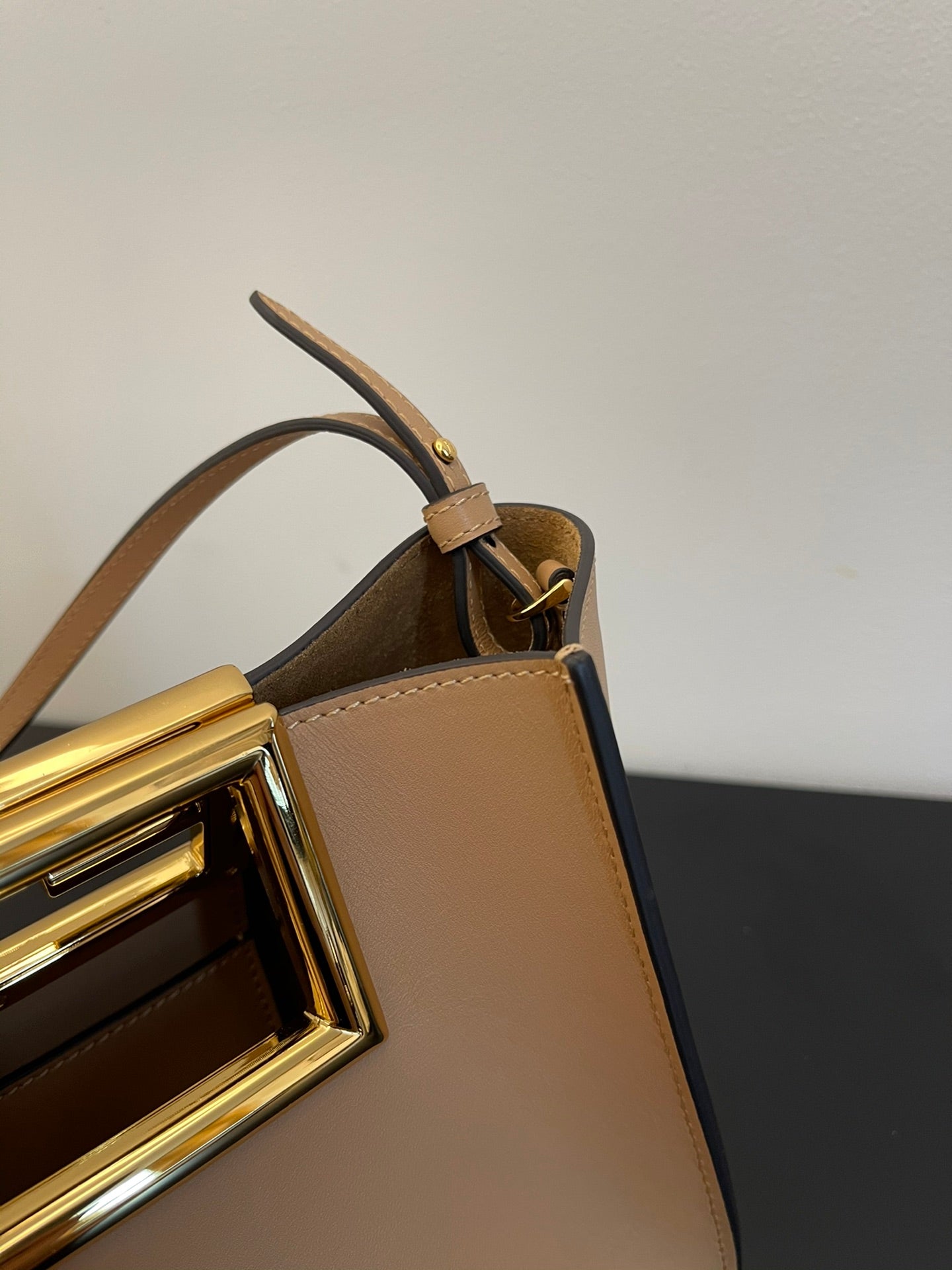 Elegant Beige Leather Handbag with Gold-Tone Cutout Handle - Small Crossbody Bucket Bag