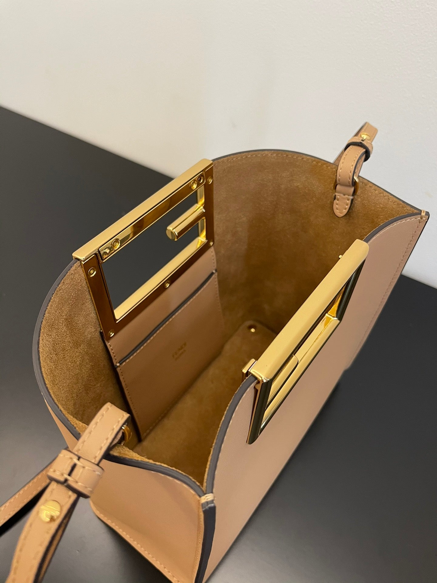 Elegant Beige Leather Handbag with Gold-Tone Cutout Handle - Small Crossbody Bucket Bag