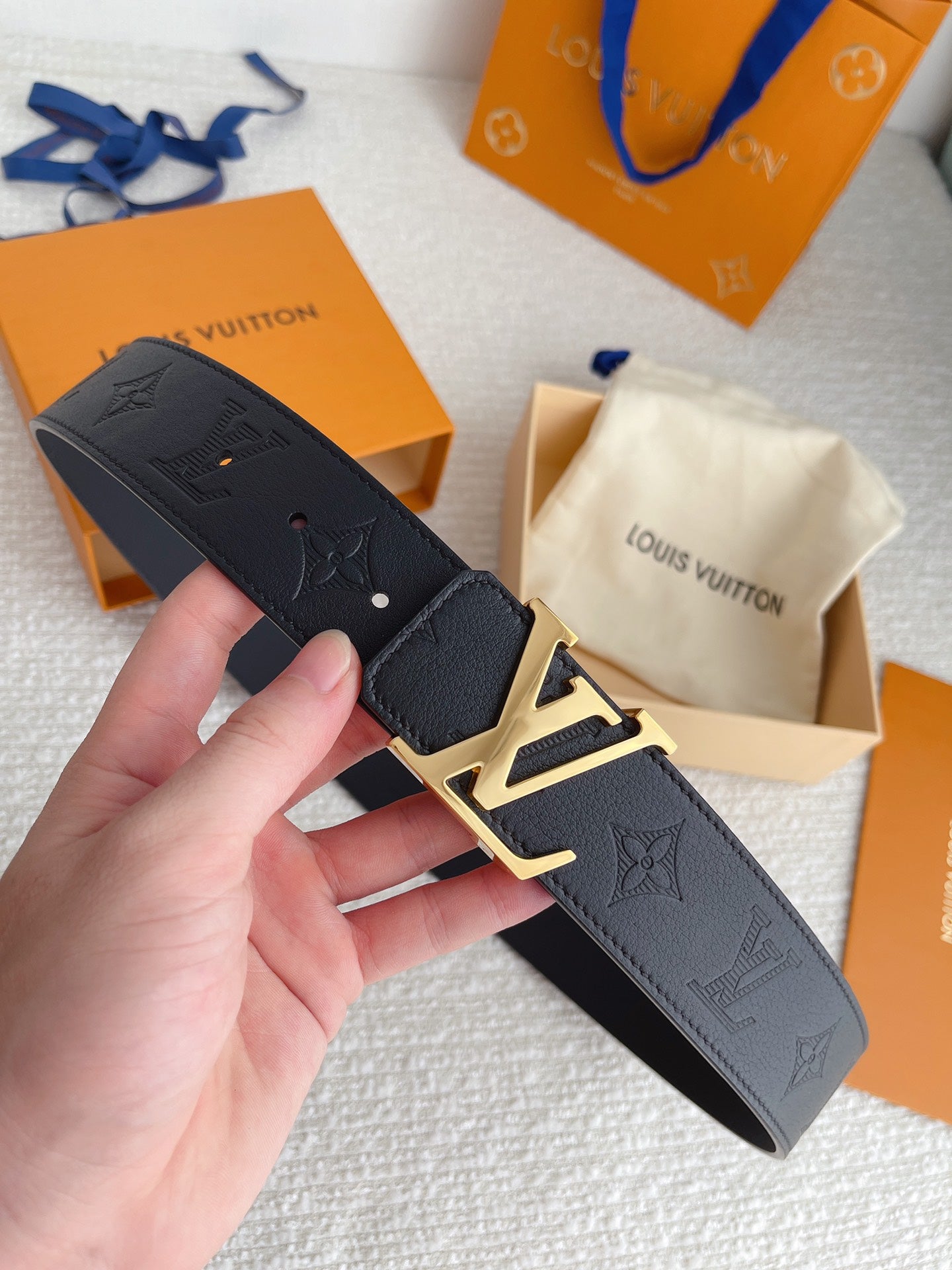 Louis Vuitton LV Initials Belt in Black Monogram Shadow Leather with Gold-Tone Buckle