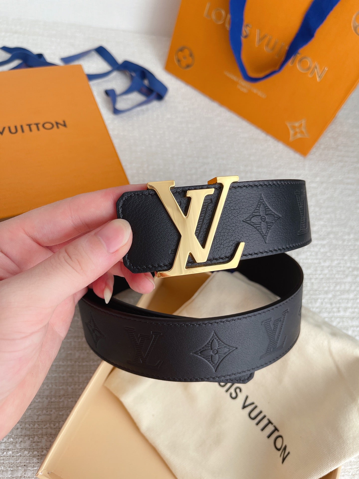Louis Vuitton LV Initials Belt in Black Monogram Shadow Leather with Gold-Tone Buckle