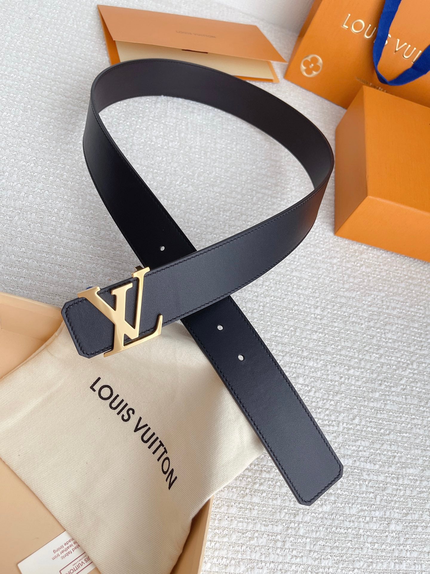 Louis Vuitton LV Initials 40mm Reversible Belt - Black Leather with Gold Buckle, Includes Box and Packaging