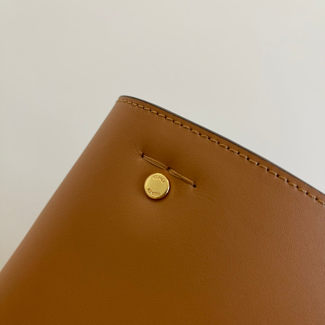 Tan Leather Tote Bag with Gold-Toned Geometric Metal Handle and Detachable Strap
