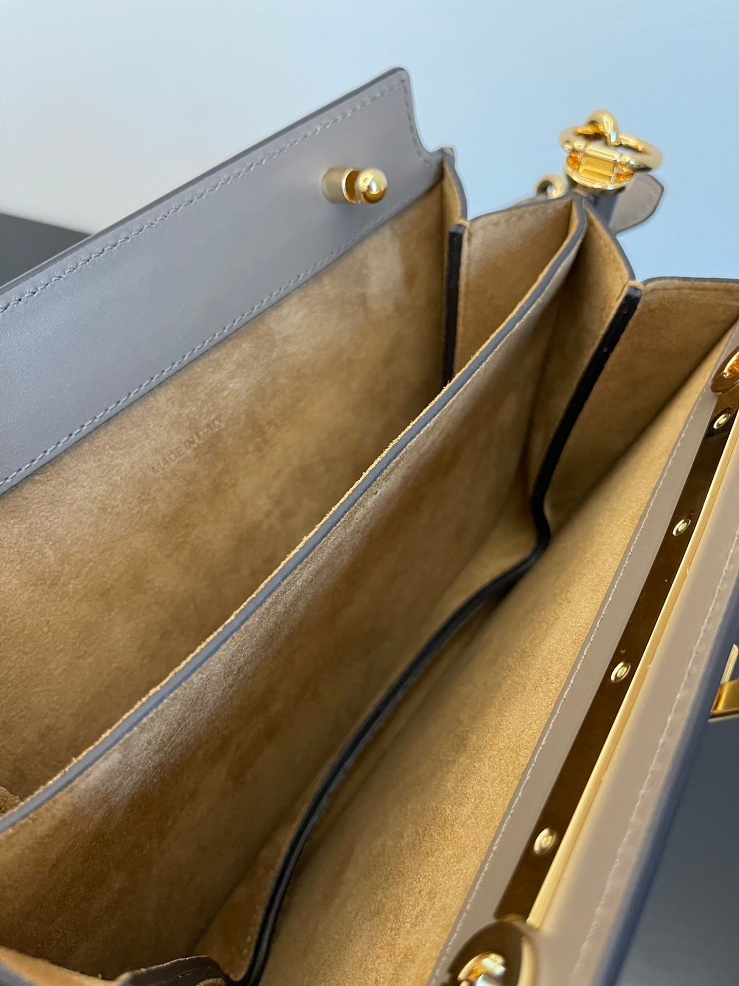 Fendi Small Grey Calfskin Leather Shoulder Bag with Gold-Tone FF Logo