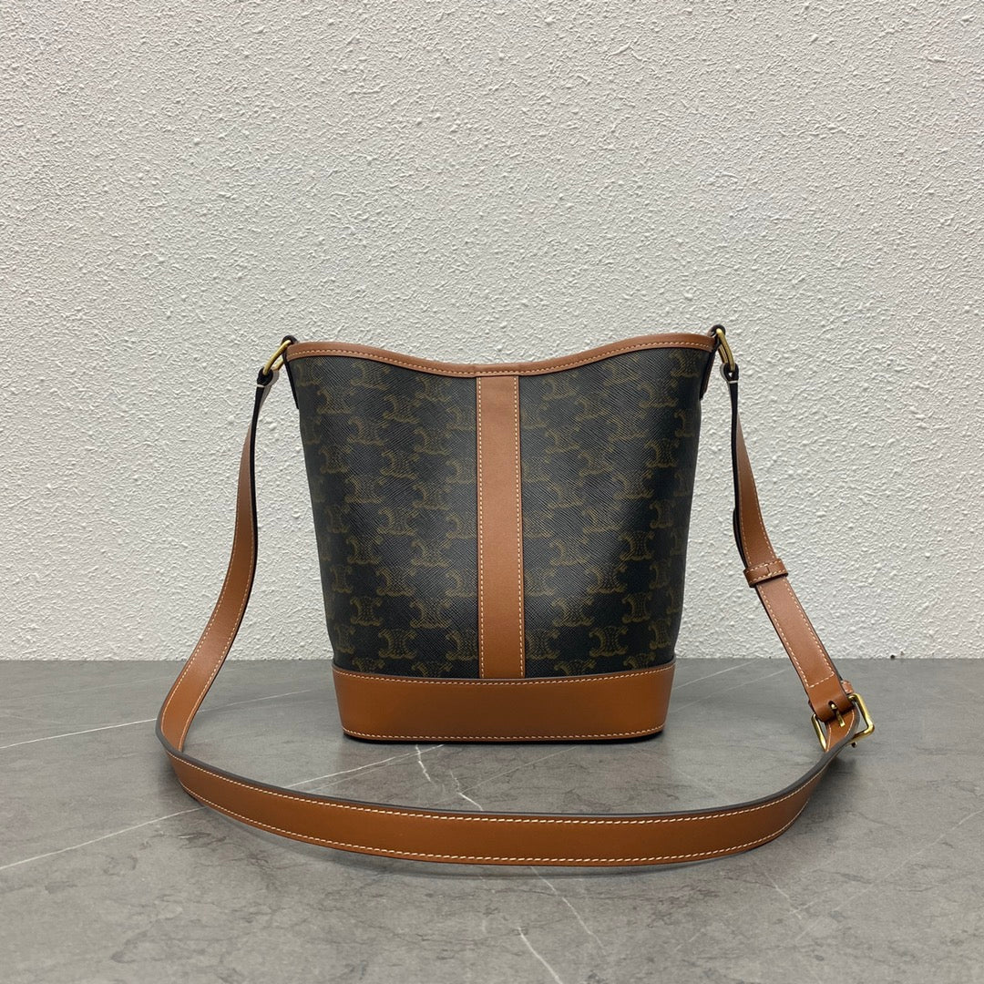 Celine Small Bucket Bag in Triomphe Canvas and Calfskin - Tan