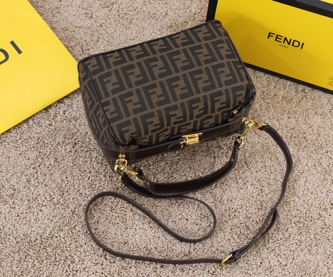Fendi FF Monogram Canvas Small Boston Bag - Brown with Gold Hardware
