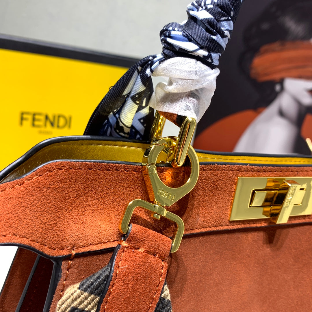 Fendi Peekaboo Brown Suede Medium Handbag with Silk Scarf Handle