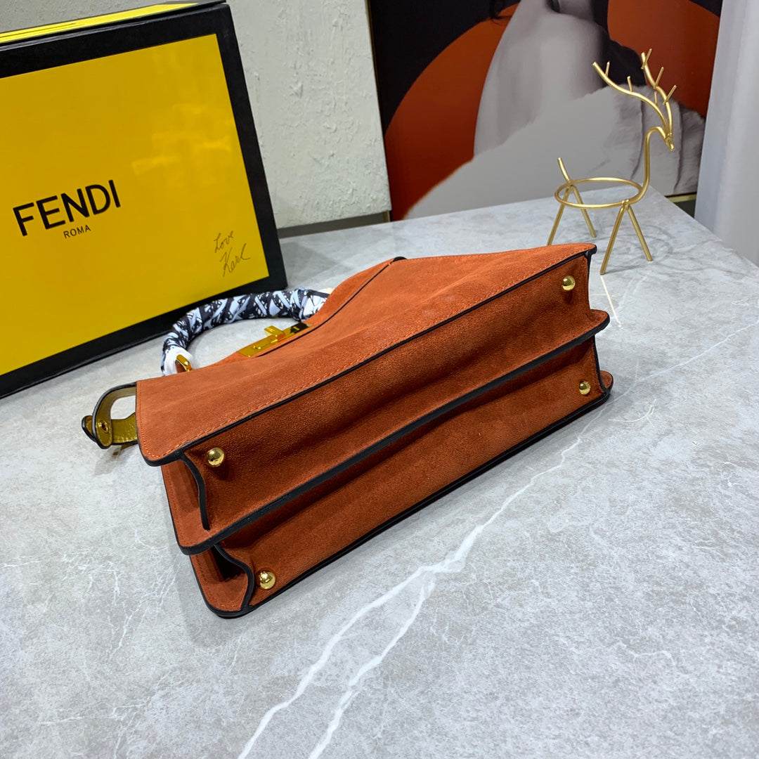 Fendi Peekaboo Brown Suede Medium Handbag with Silk Scarf Handle