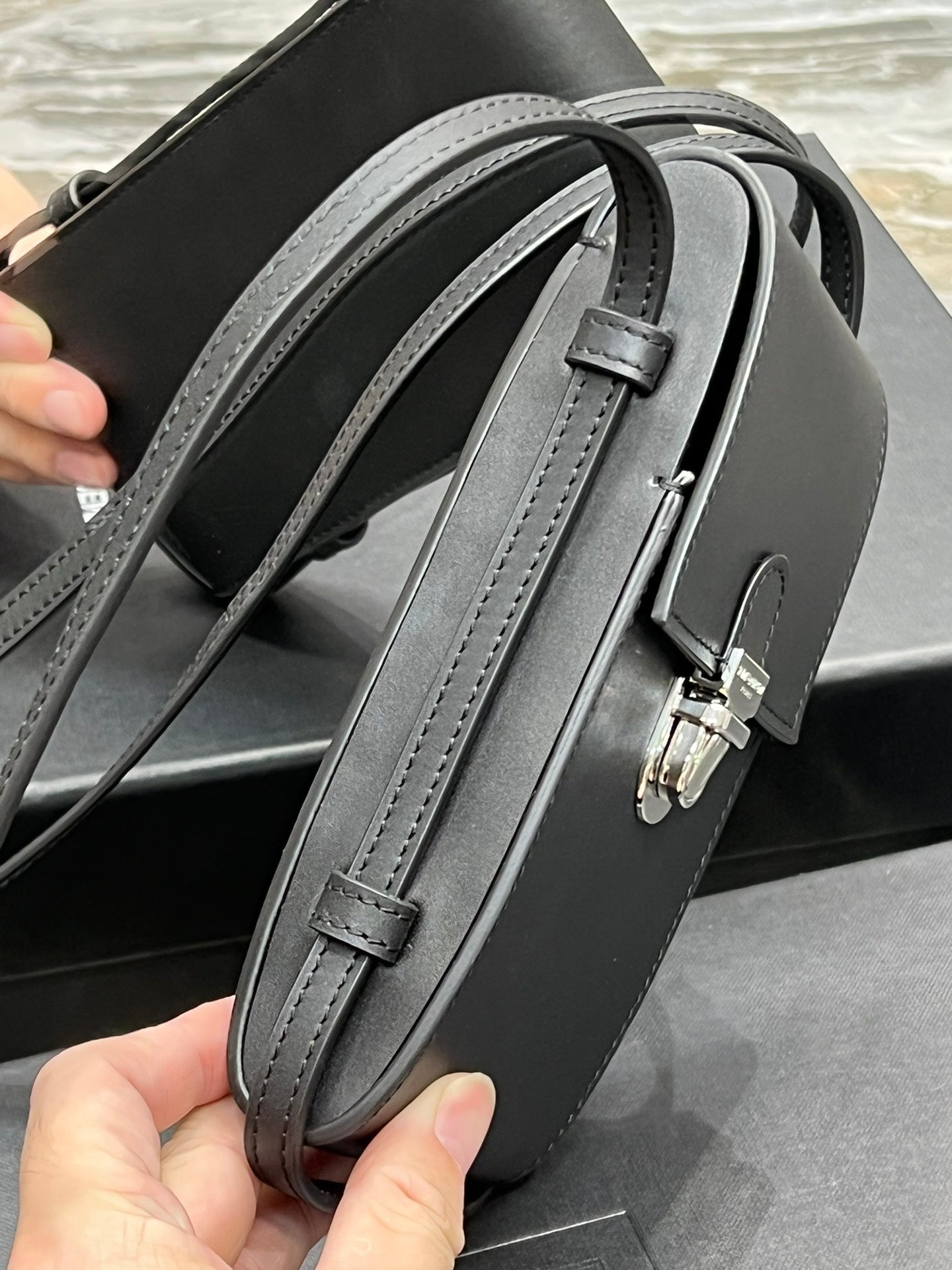 Saint Laurent Black Leather Phone Pouch Crossbody Bag with Silver Clasp
