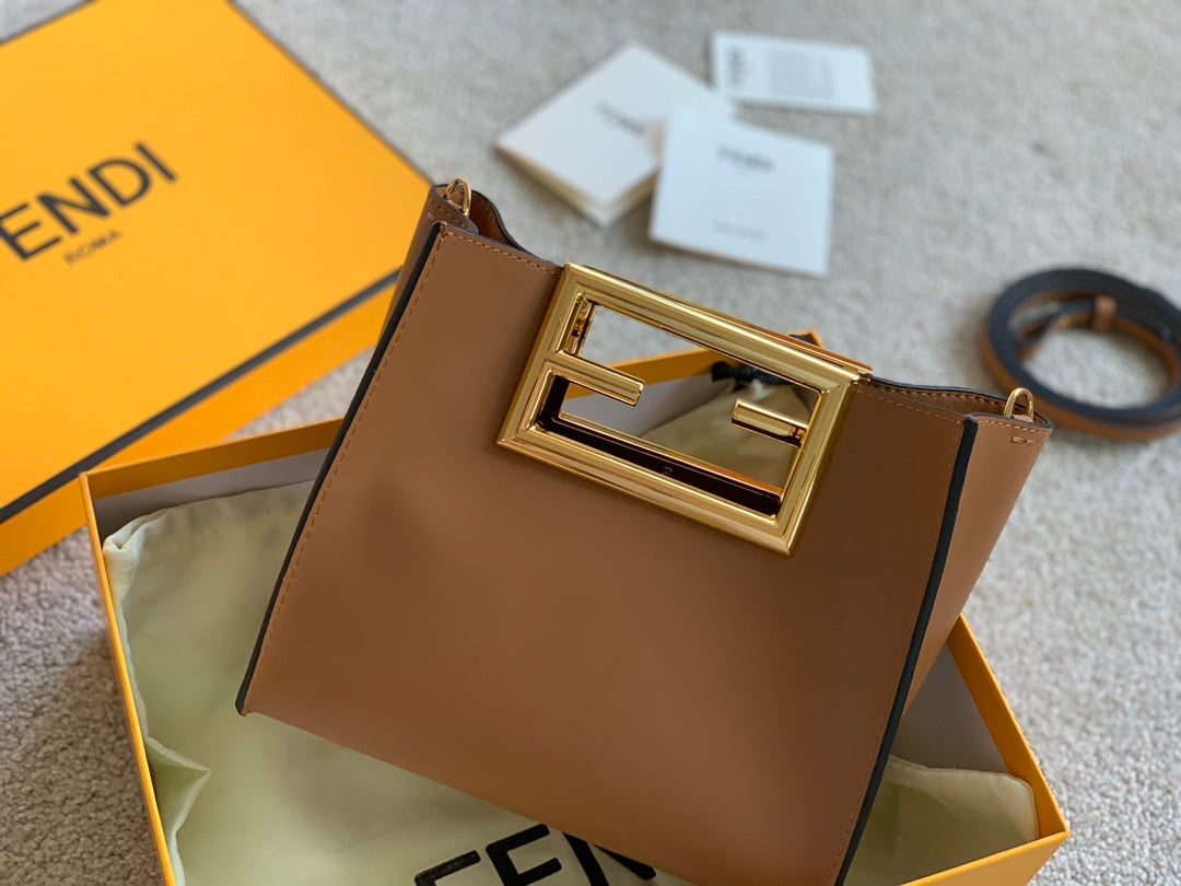 Fendi Way Small Tan Leather Handbag with Gold-Tone FF Logo