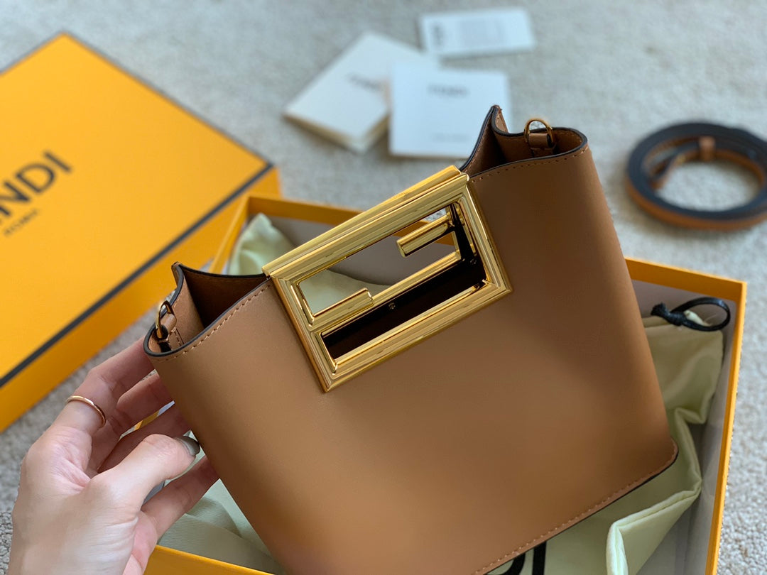 Fendi Way Small Tan Leather Handbag with Gold-Tone FF Logo