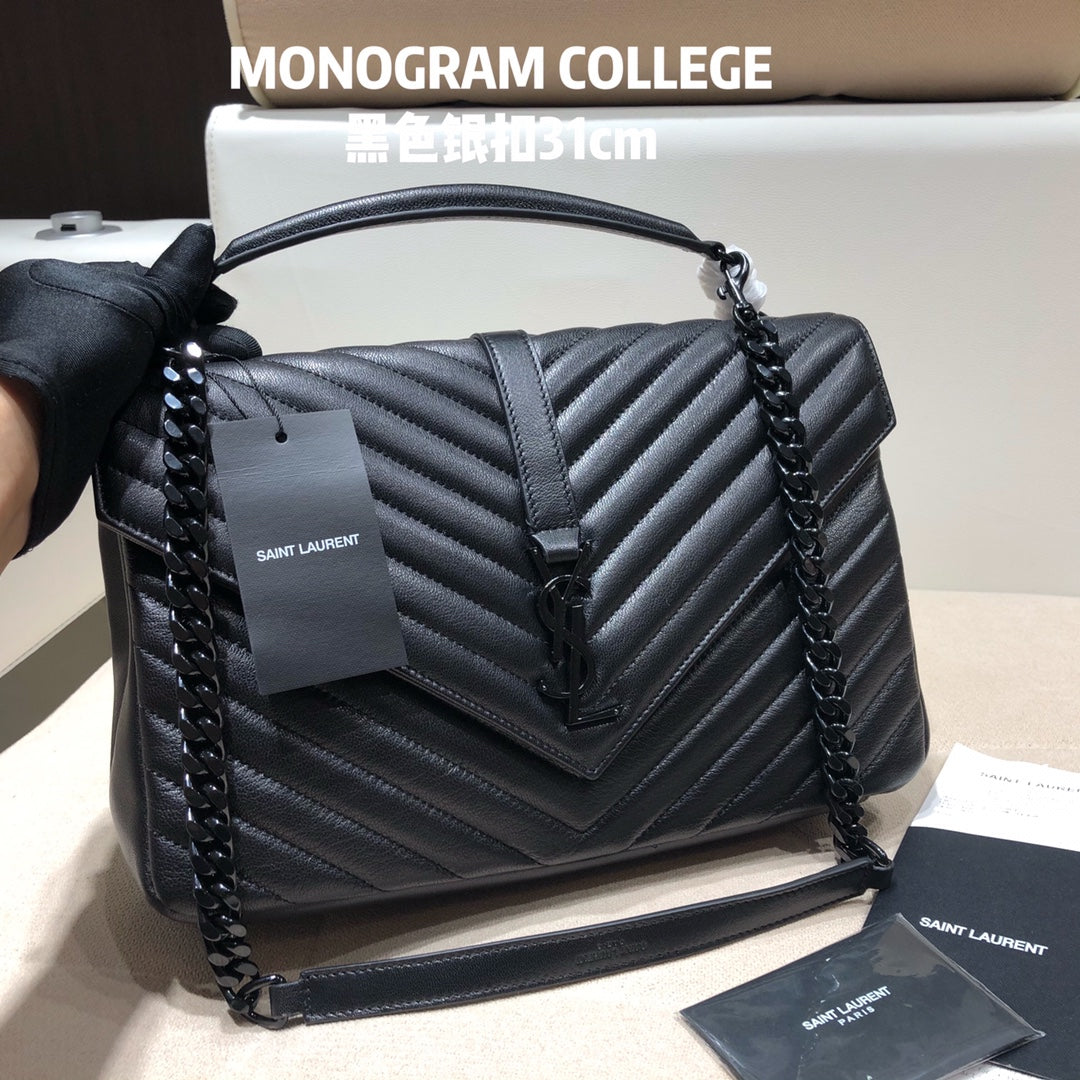 Saint Laurent Monogram College Large Shoulder Bag in Quilted Leather - Black on Black