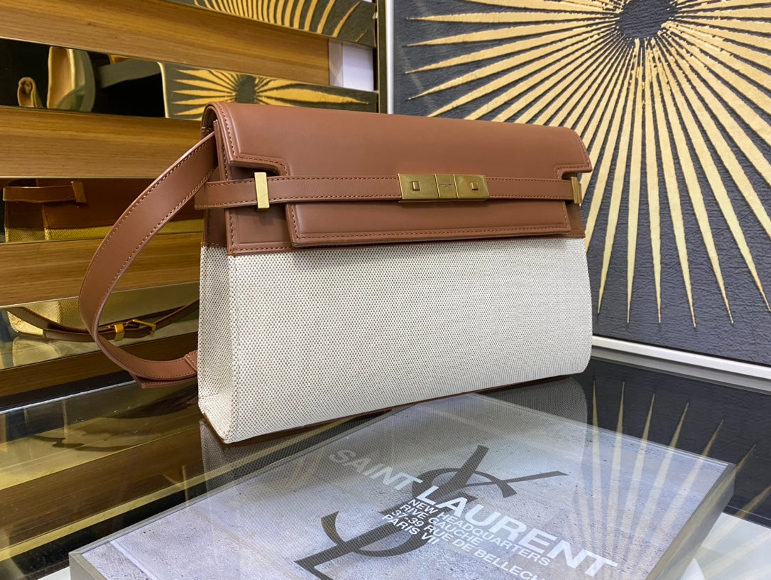 Saint Laurent Manhattan Small Shoulder Bag in Leather and Canvas - Tan/Cream