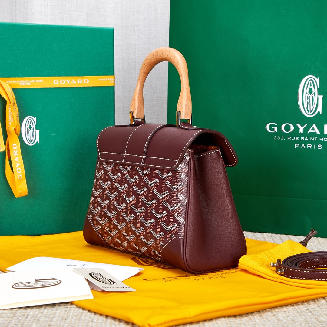 Gogy Elegant Burgundy Chevron Top Handle Shoulder Bag with Wood Handle