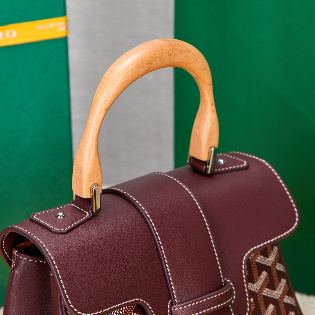 Gogy Elegant Burgundy Chevron Top Handle Shoulder Bag with Wood Handle