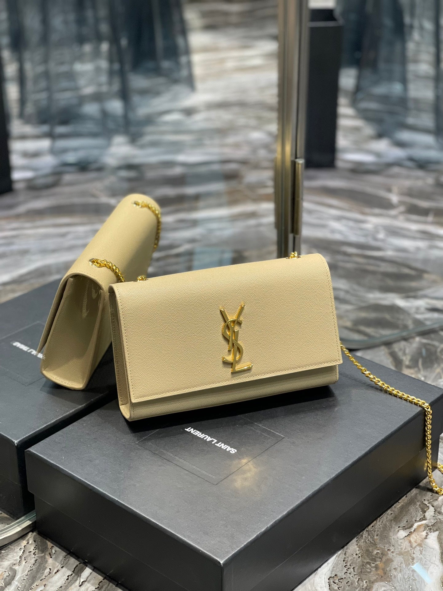 Saint Laurent Kate Small Chain Bag in Grain de Poudre Leather - Beige
