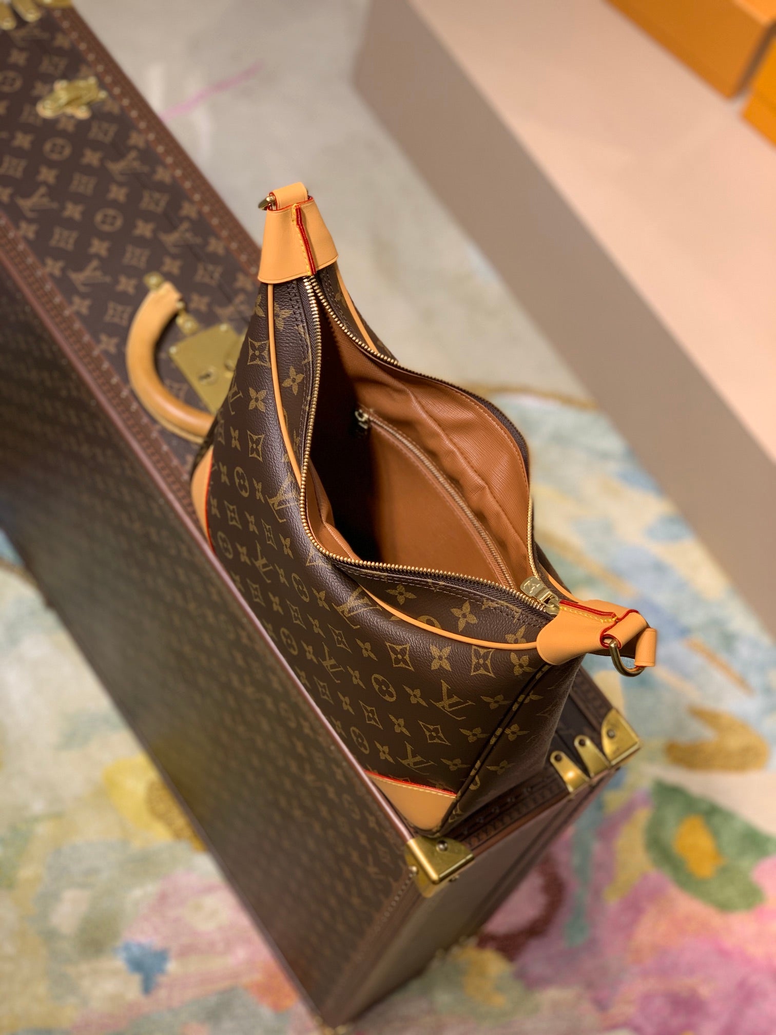 Louis Vuitton Classic Monogram Canvas Crescent Shoulder Bag with Tan Leather Trim