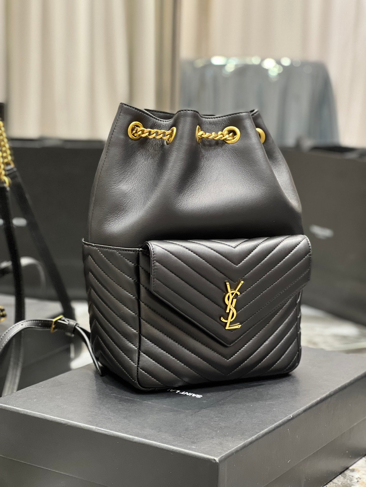 Saint Laurent Joe Quilted Lambskin Leather Bucket Bag in Black