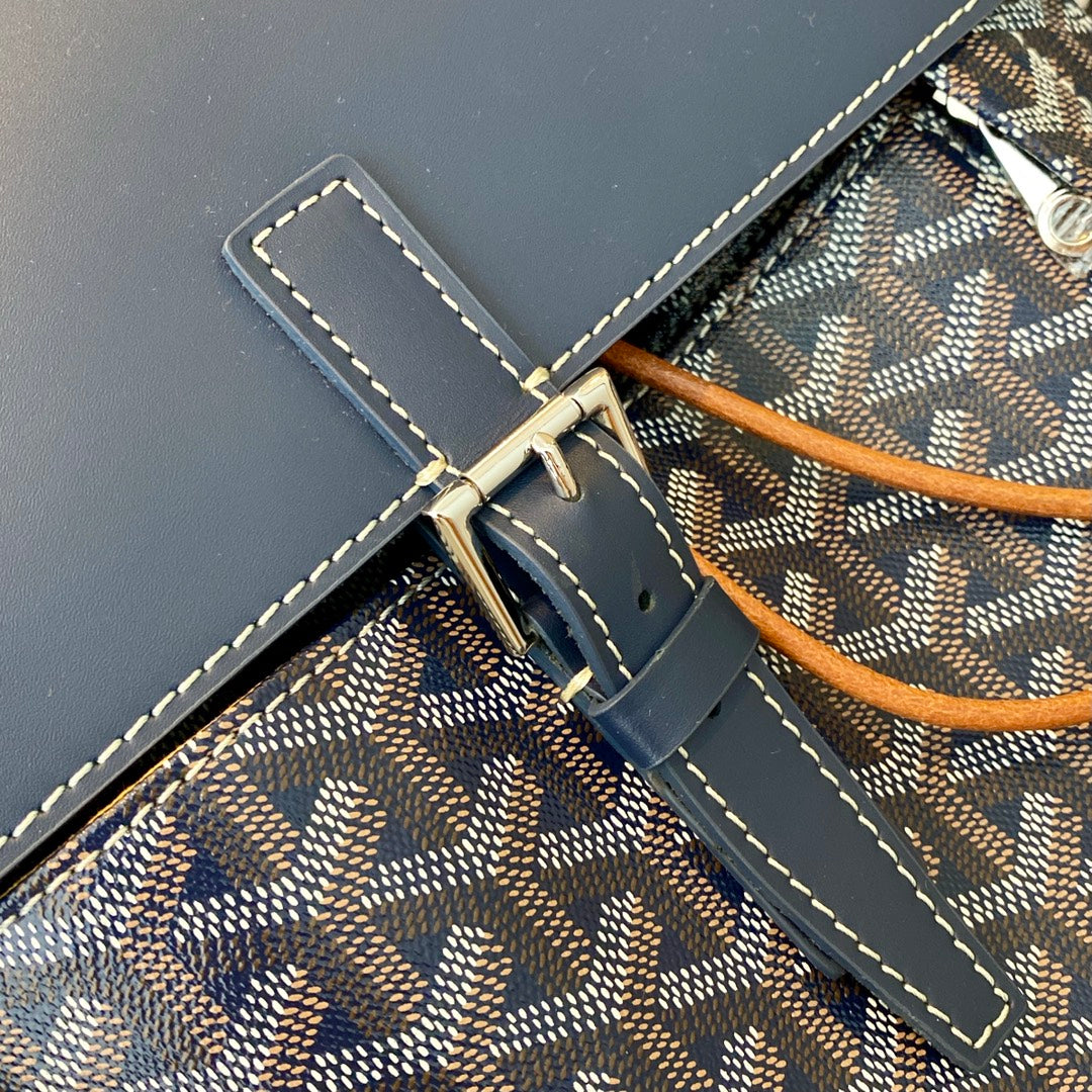 Gogy Classic Blue Chevron Pattern Canvas Flap Backpack with Leather Trim