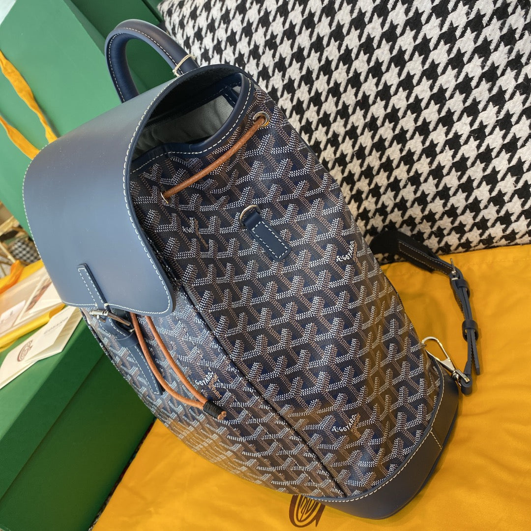 Gogy Classic Blue Chevron Pattern Canvas Flap Backpack with Leather Trim