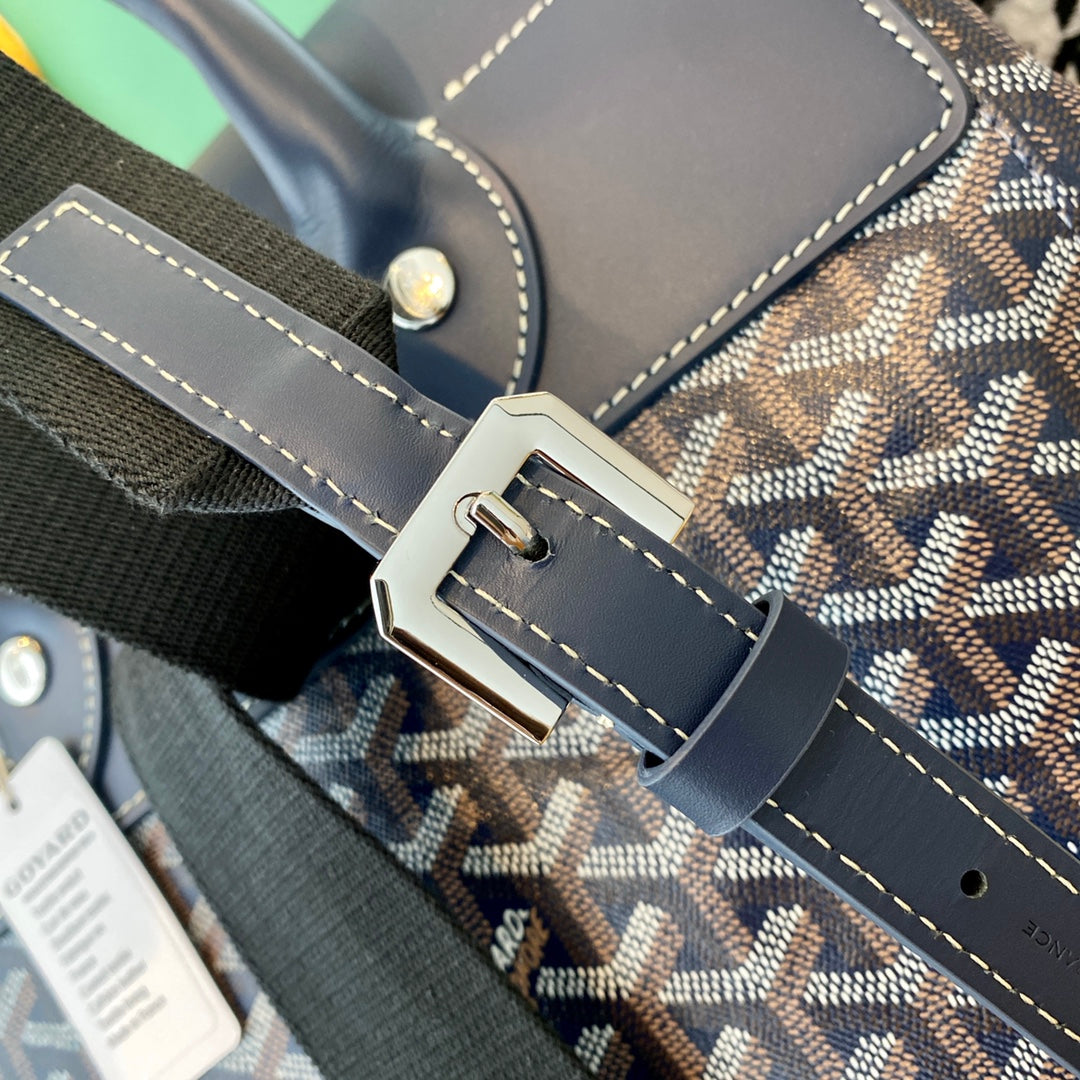 Gogy Grey Blue Chevron Canvas Backpack with Leather Flap Drawstring