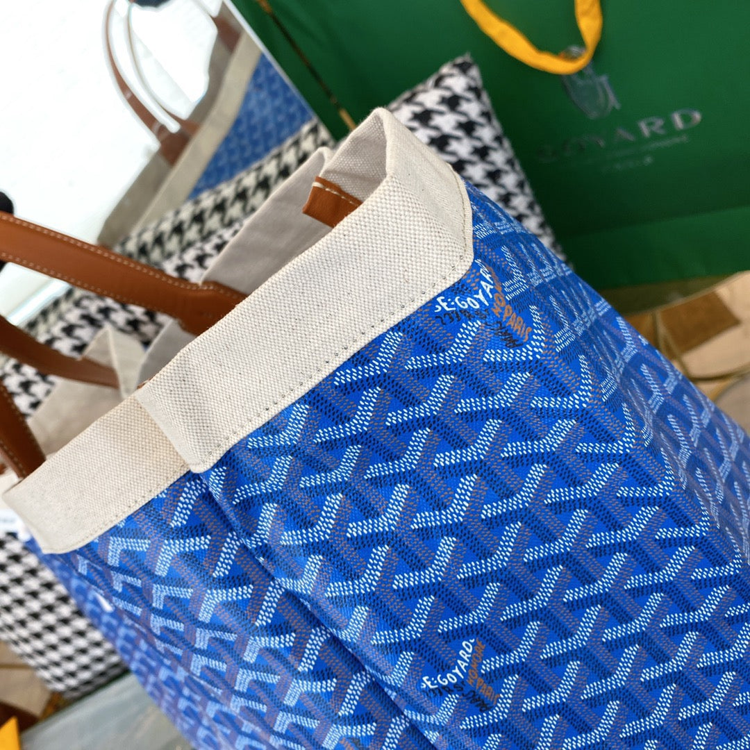 Gogy Large Blue Geometric Pattern Canvas Tote Bag with Leather Handles