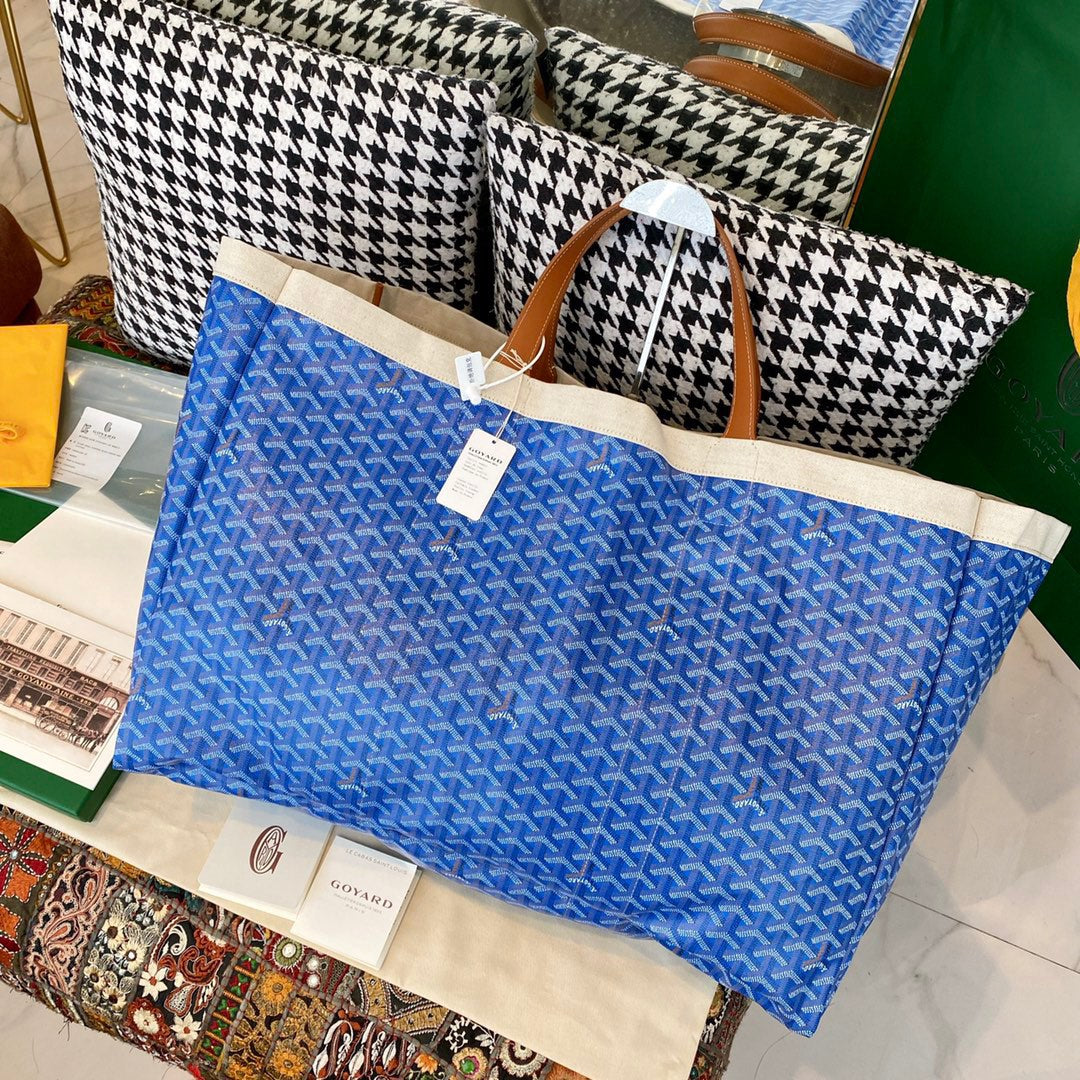 Gogy Large Blue Geometric Pattern Canvas Tote Bag with Leather Handles