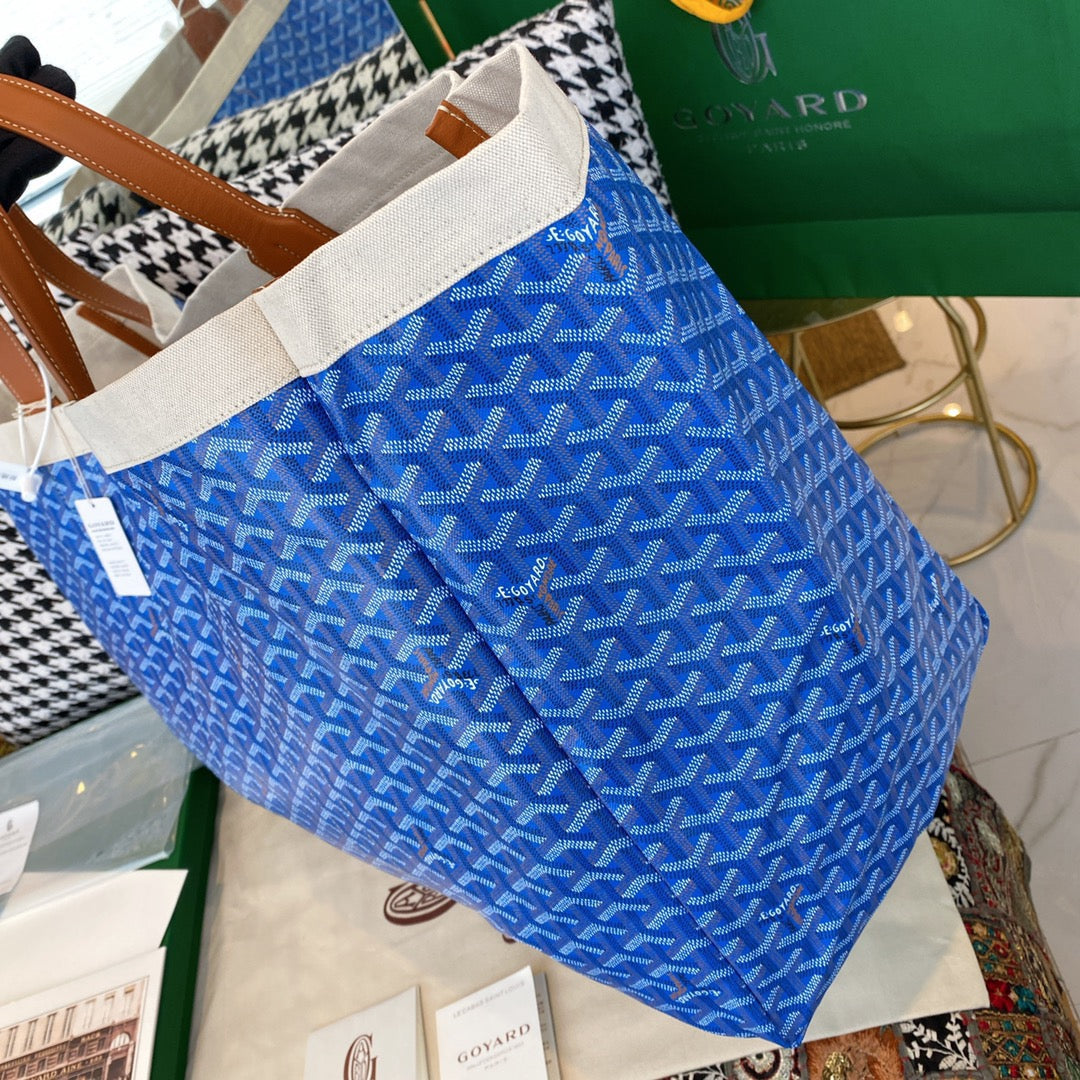 Gogy Large Blue Geometric Pattern Canvas Tote Bag with Leather Handles
