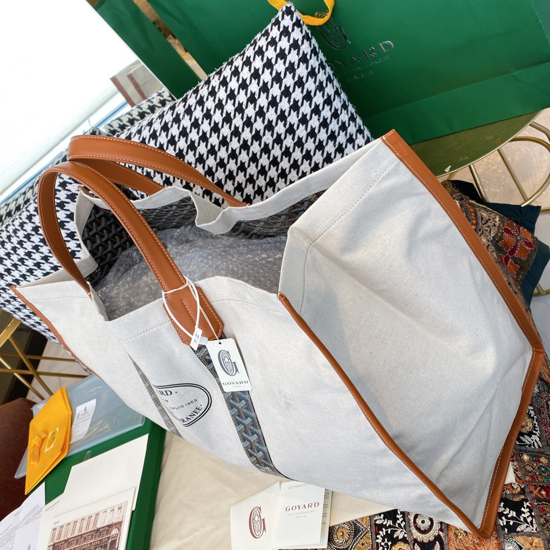Gogy Large Canvas Tote Bag with Leather Handles and Patterned Straps
