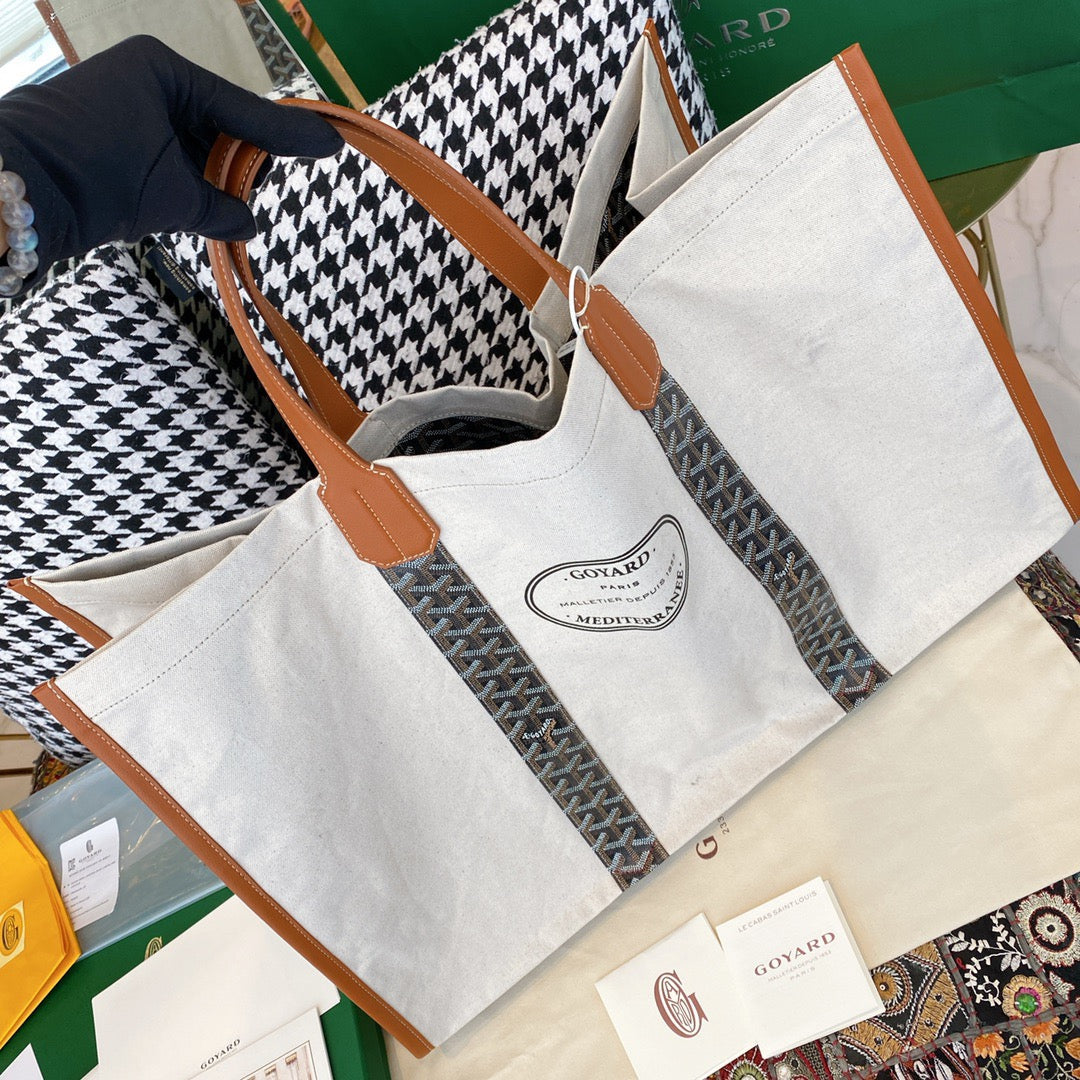 Gogy Large Chevron Pattern Tote Bag with Leather Handles and Canvas Trim