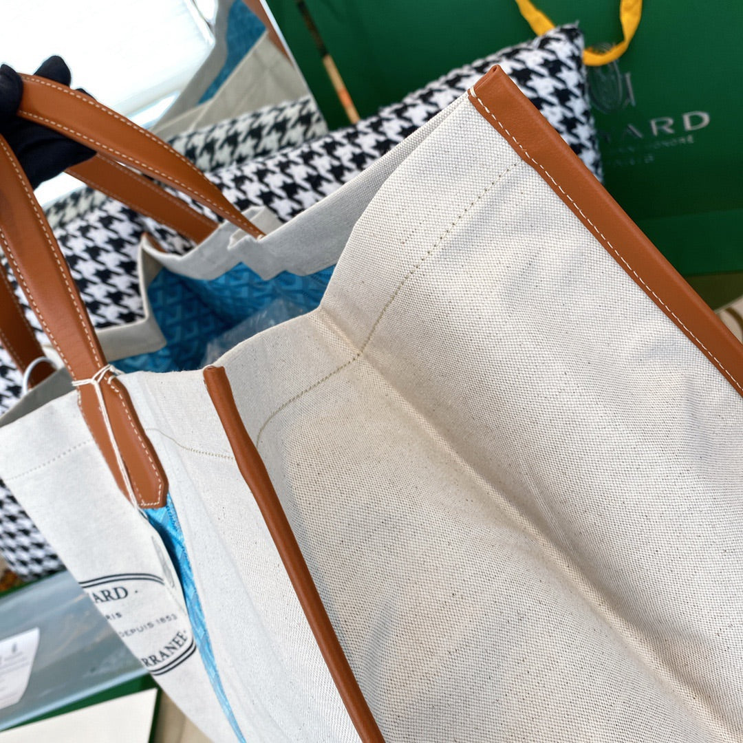 Gogy Large Canvas Tote Bag with Leather Handles and Blue Geometric Stripes