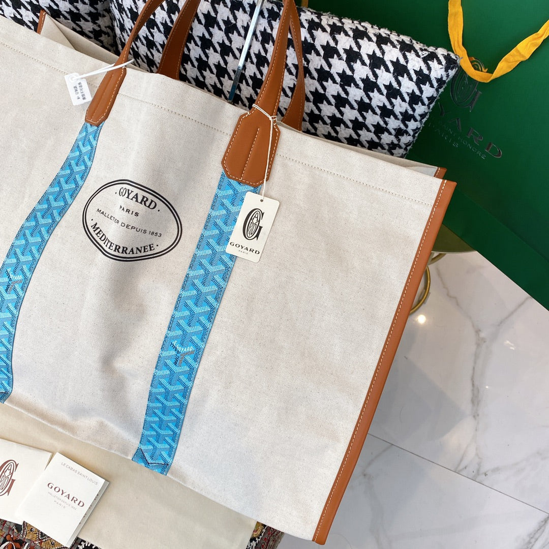 Gogy Large Canvas Tote Bag with Leather Handles and Blue Geometric Stripes