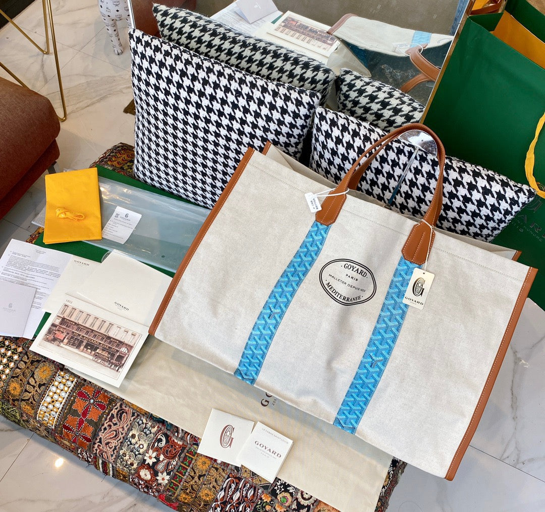 Gogy Large Canvas Tote Bag with Leather Handles and Blue Geometric Stripes